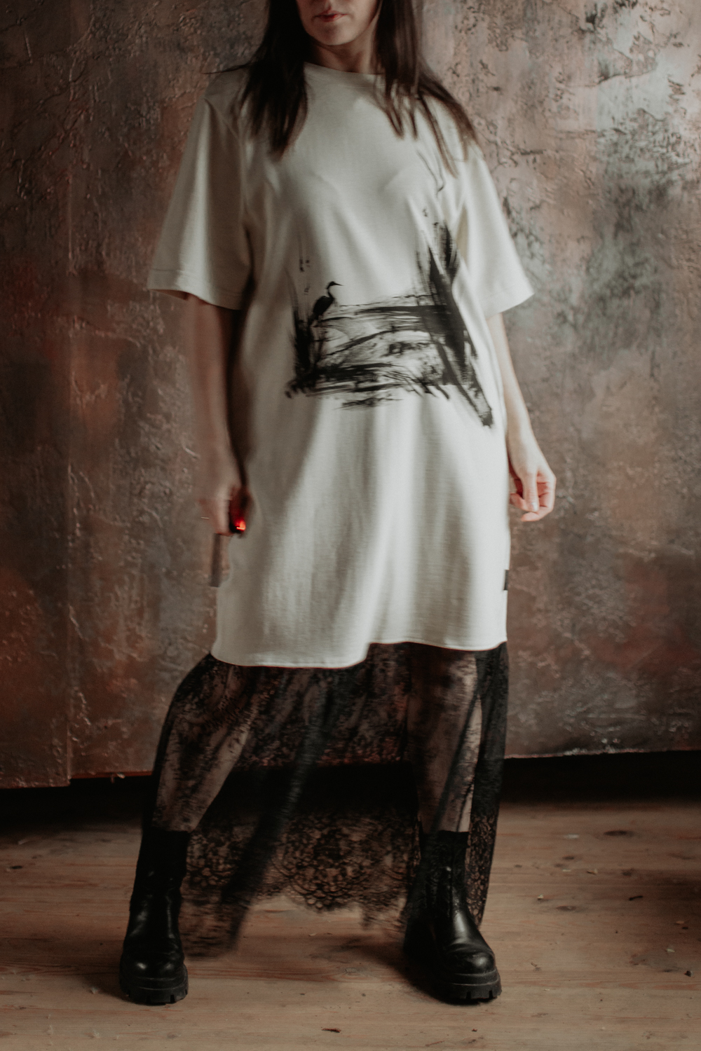 T-shirt dress "Crane" with lace - M